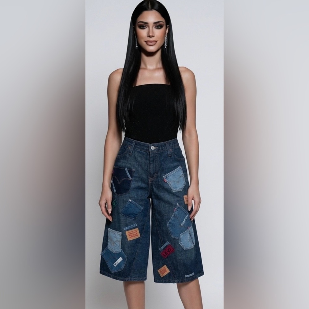LEVIS Upcycled Wide-Leg Patchwork Cropped culotte Jeans size 10- Dark Blue - Picture 3 of 8